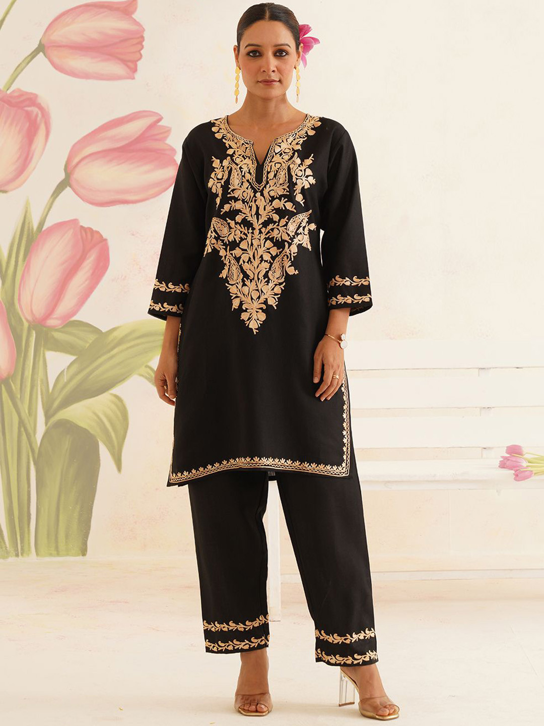 Kashmir Box Kashmiri Floral Embroidery Black Cotton Co-Ord Set