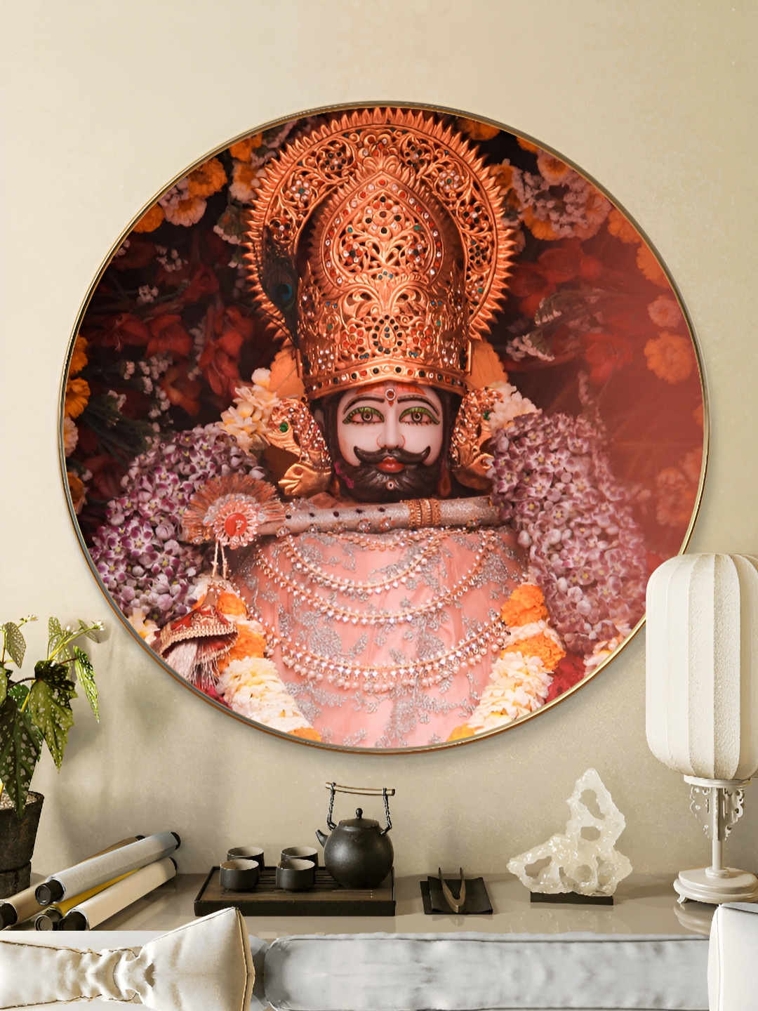 Livin'luxe Peach-Coloured & Purple Wooden Religious  Khatushyam Ji Wall Art