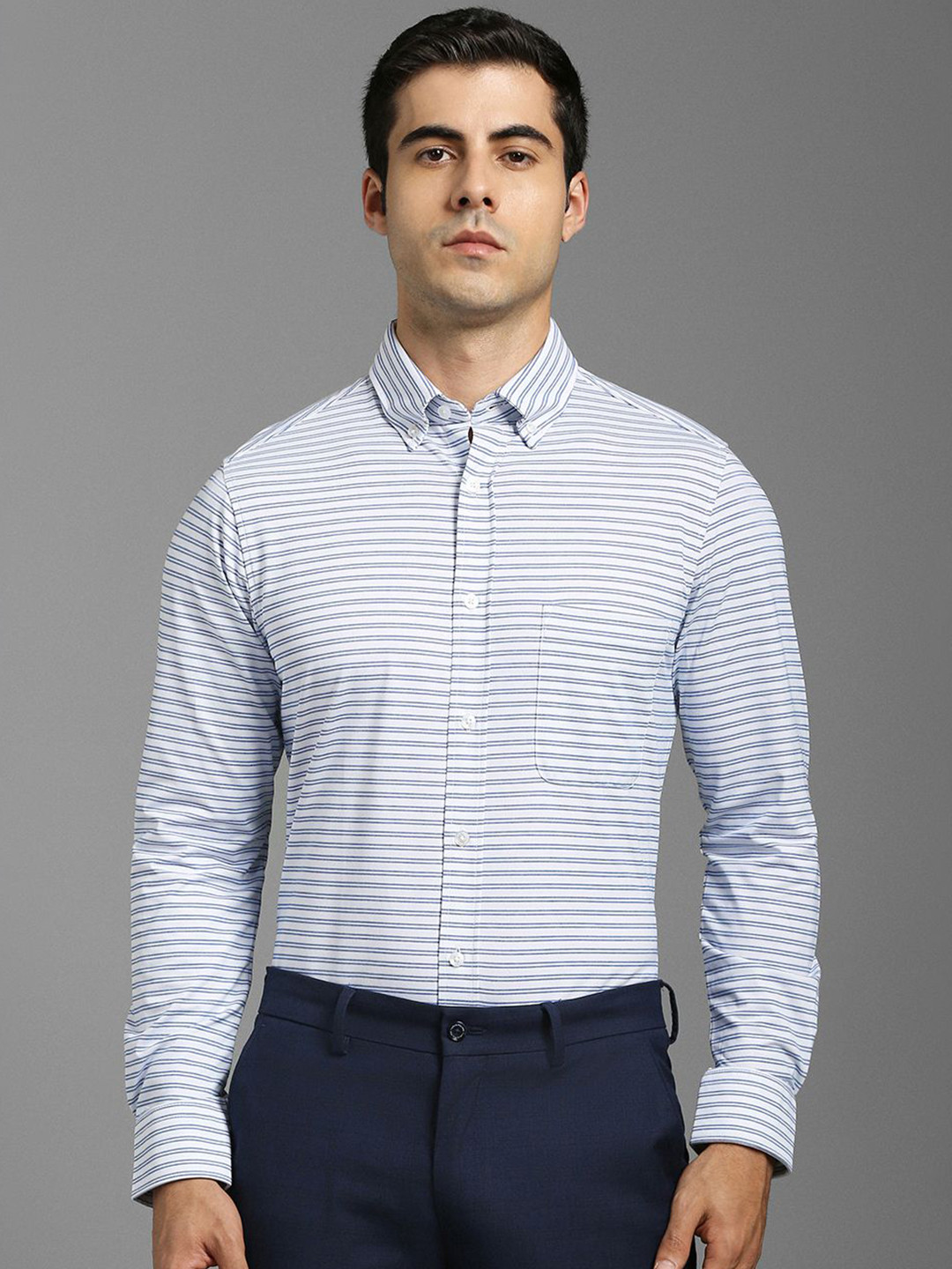 Louis Philippe Slim Fit Horizontal Striped Button-Down Collar Full Sleeves Formal Shirt