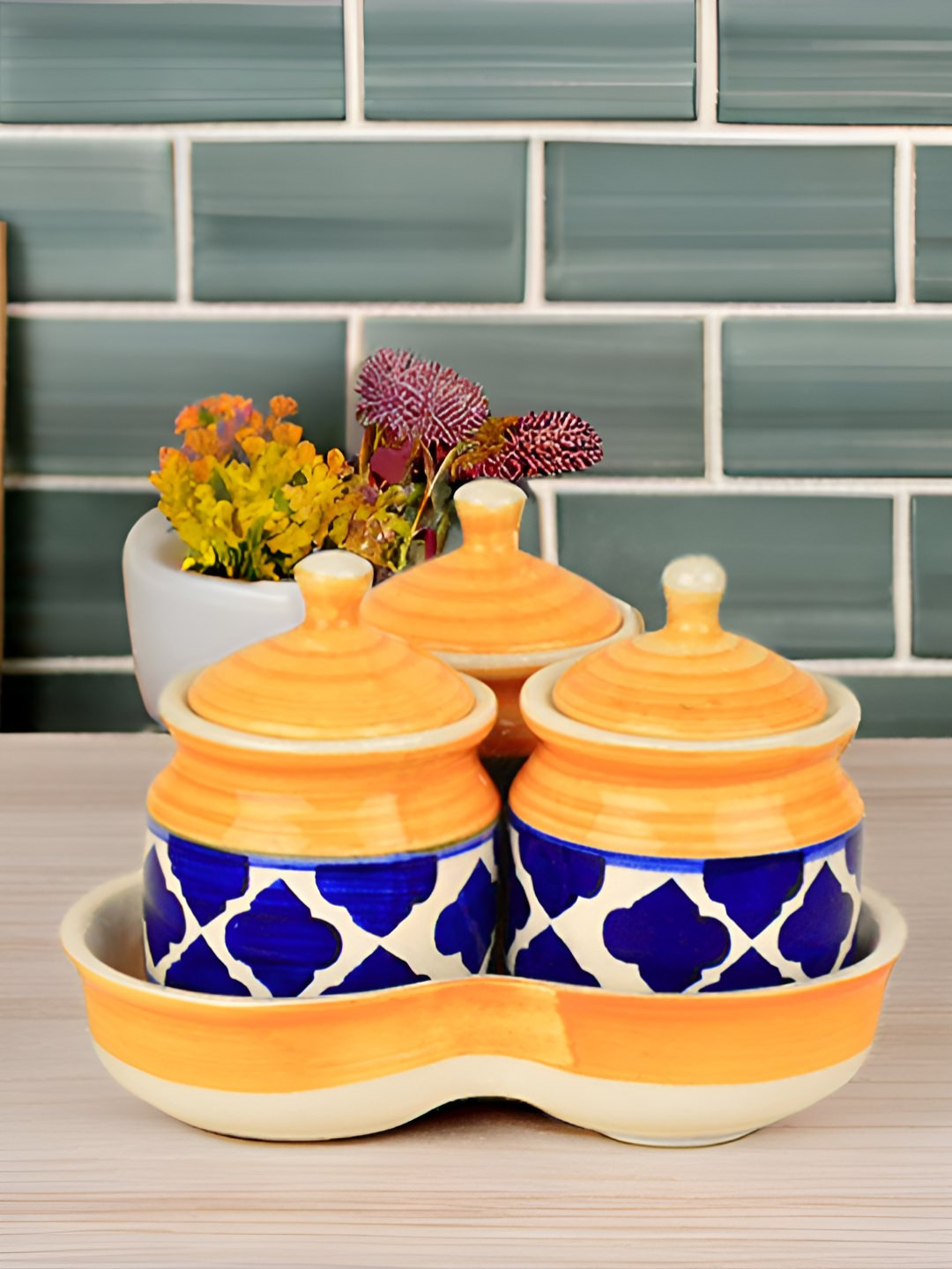 Kraftlik Handicraft Yellow Argyle Ceramic Easy To Clean 2 Piece Flip Top Canister