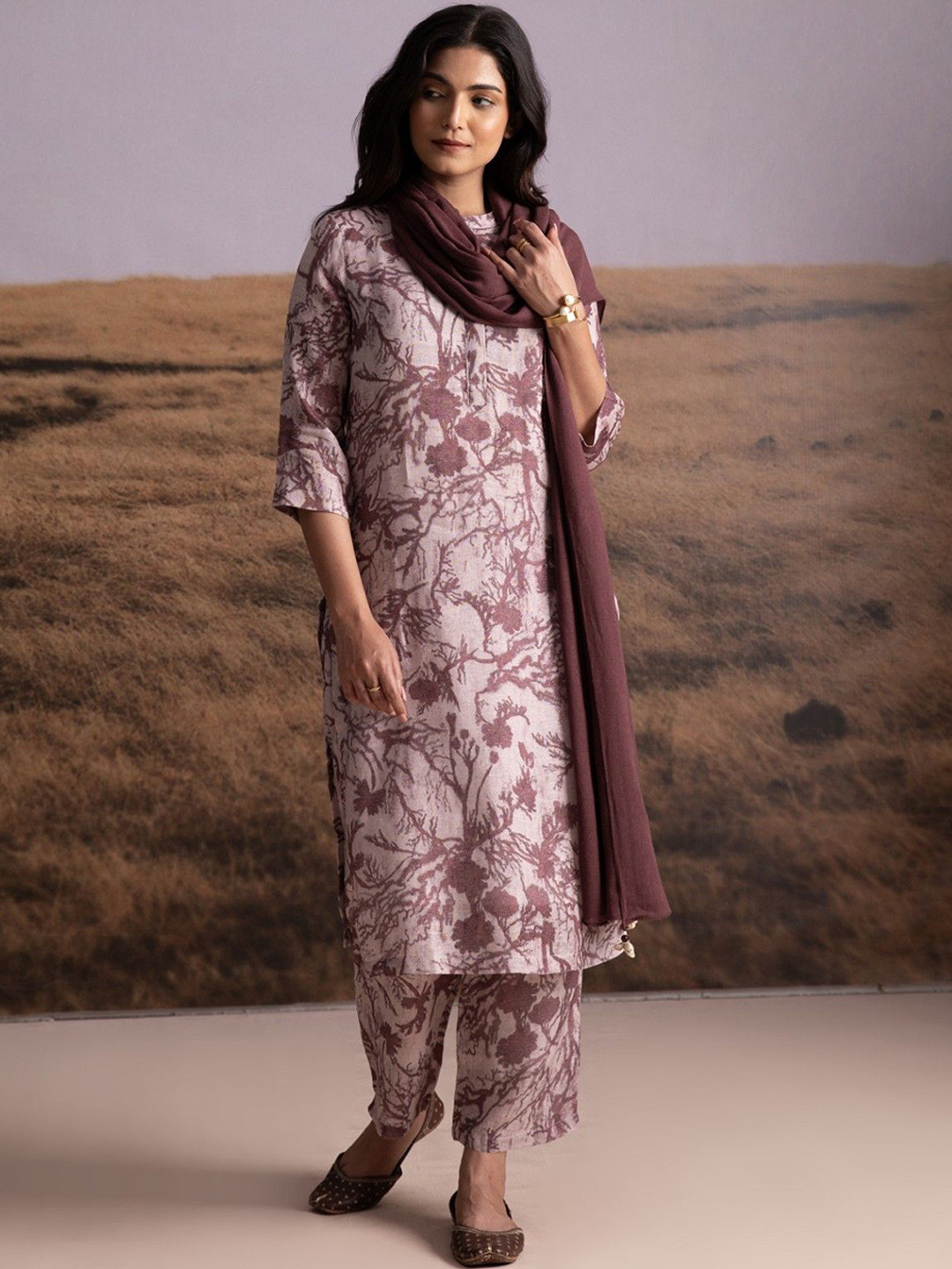 Bombay Bloom Floral Printed Mandarin Collar Linen Straight Kurta With Trousers & Dupatta