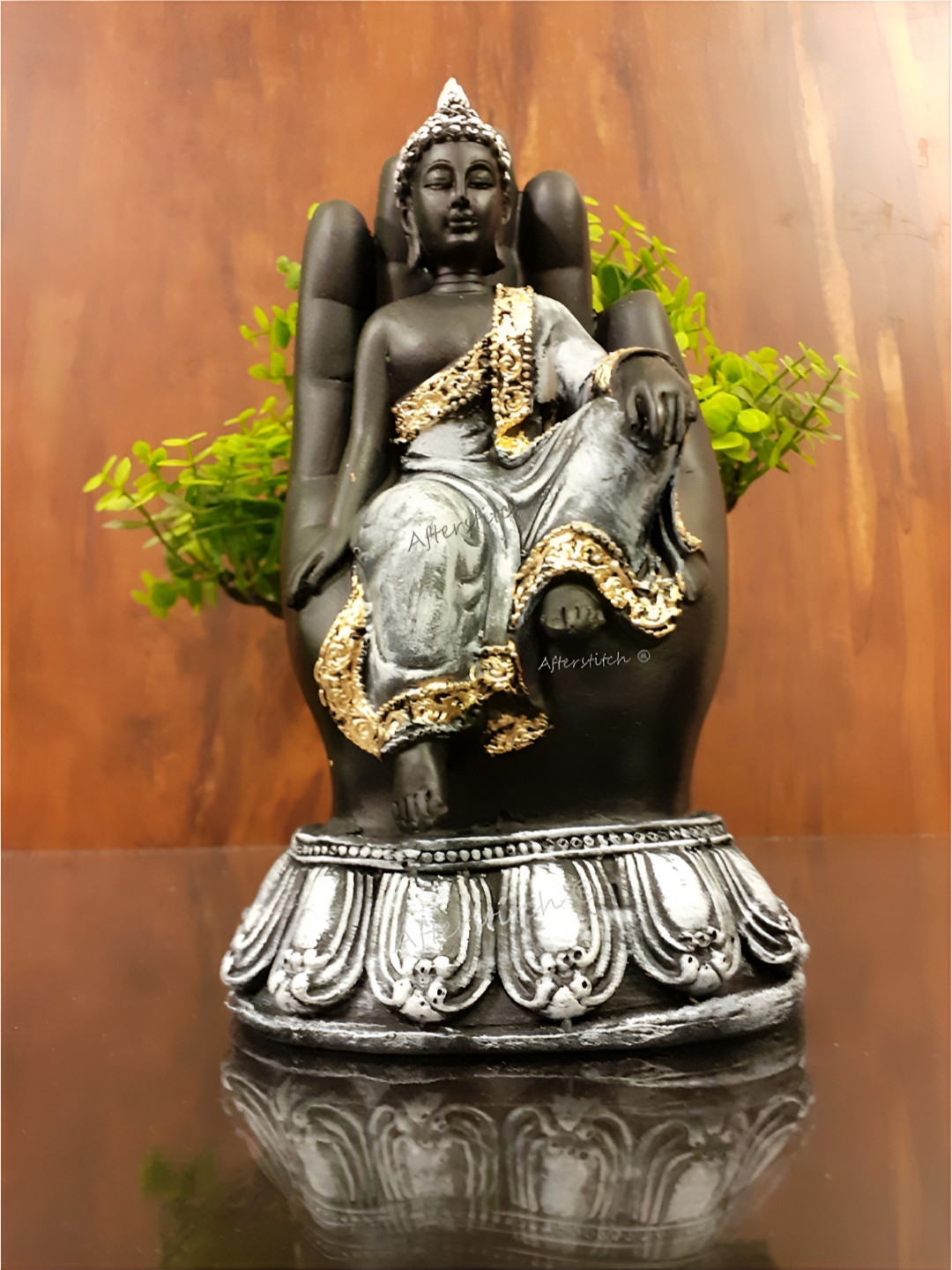 Afterstitch Sitting Gautam Budh in Palm Hand Black Polyresin Glossy Living Room Small Showpiece -