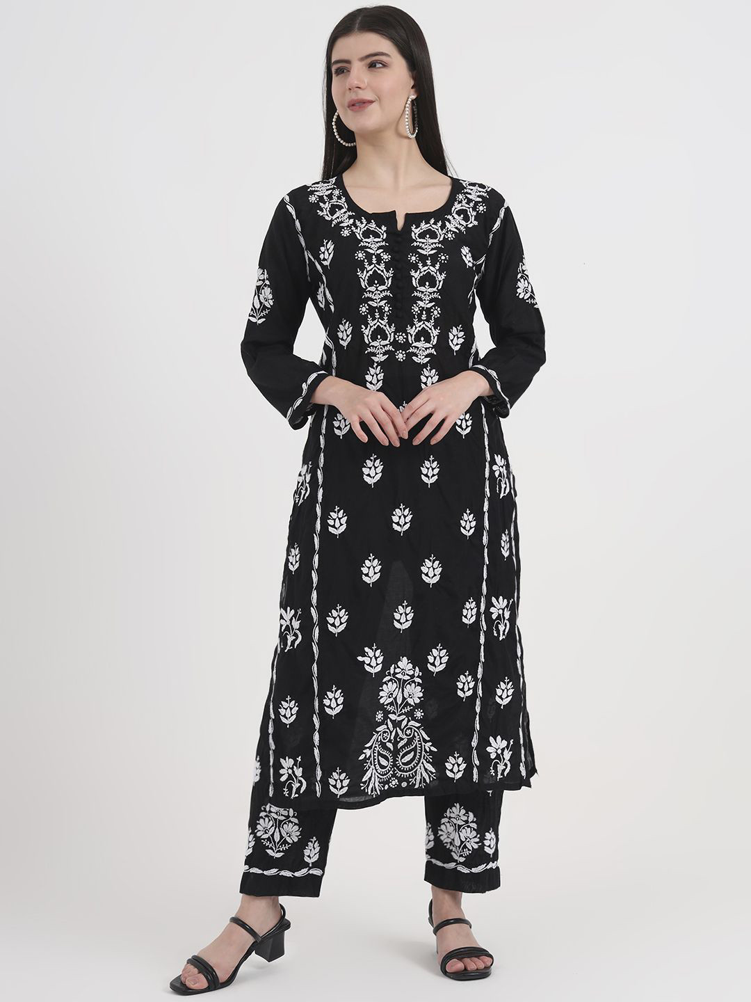 The Chikan Label Women Black Aasia Chanderi Chikankari Kurti Palazzo Set