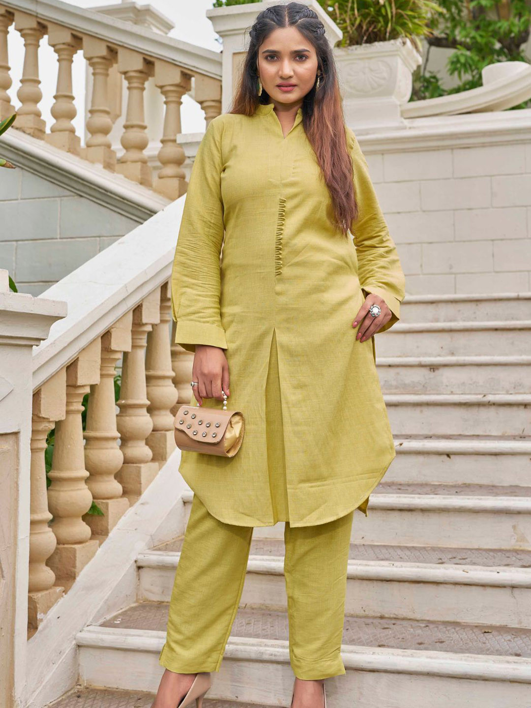 Yellow Mandarin Collar Tunic with Trousers Co-Ords