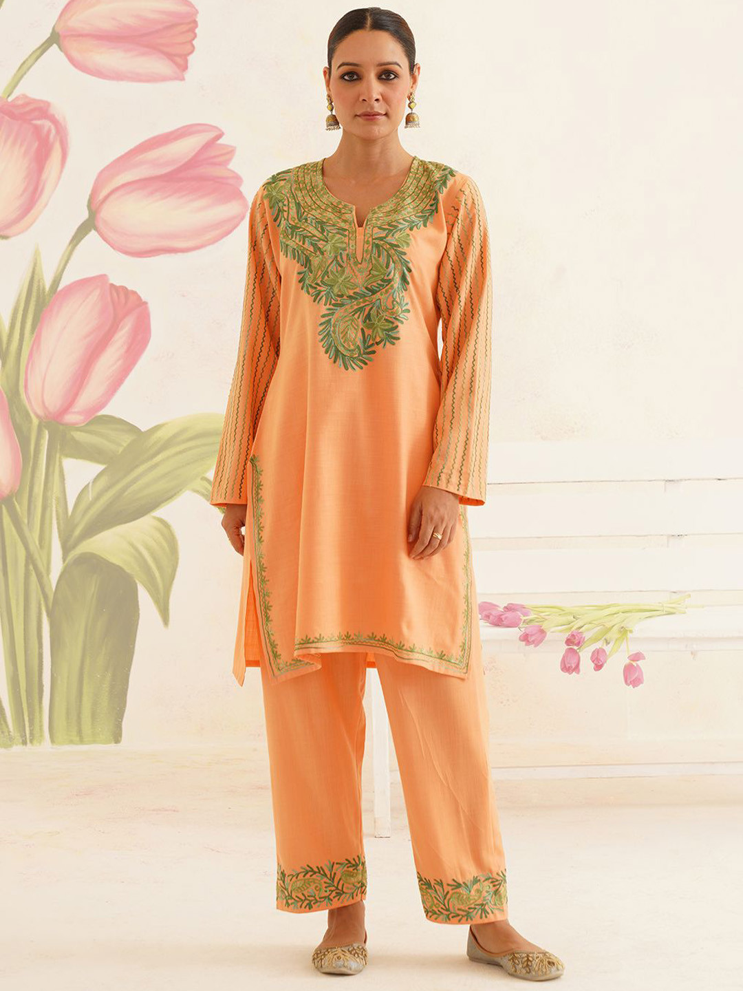 Kashmir Box Kashmiri Aari Embroidery Peach Cotton Co-Ord Set