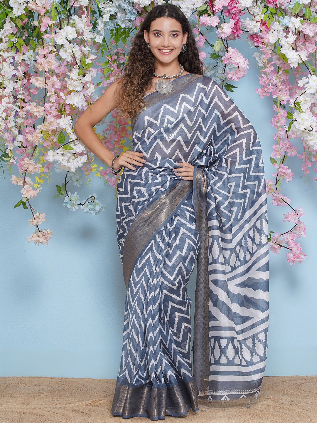 LABEL KASHI Geometric  Printed Zari Pure Cotton Saree