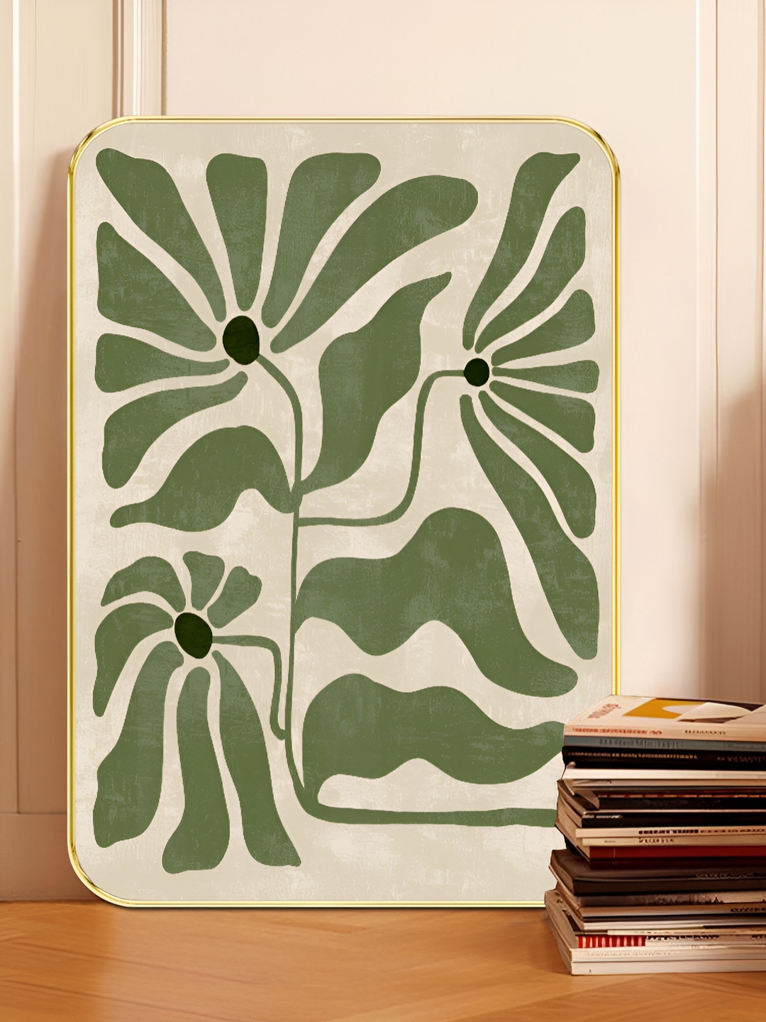 Myntra Elegant Homes Grey & Green Abstract Leaf & Bloom Wooden Painting Wall Art