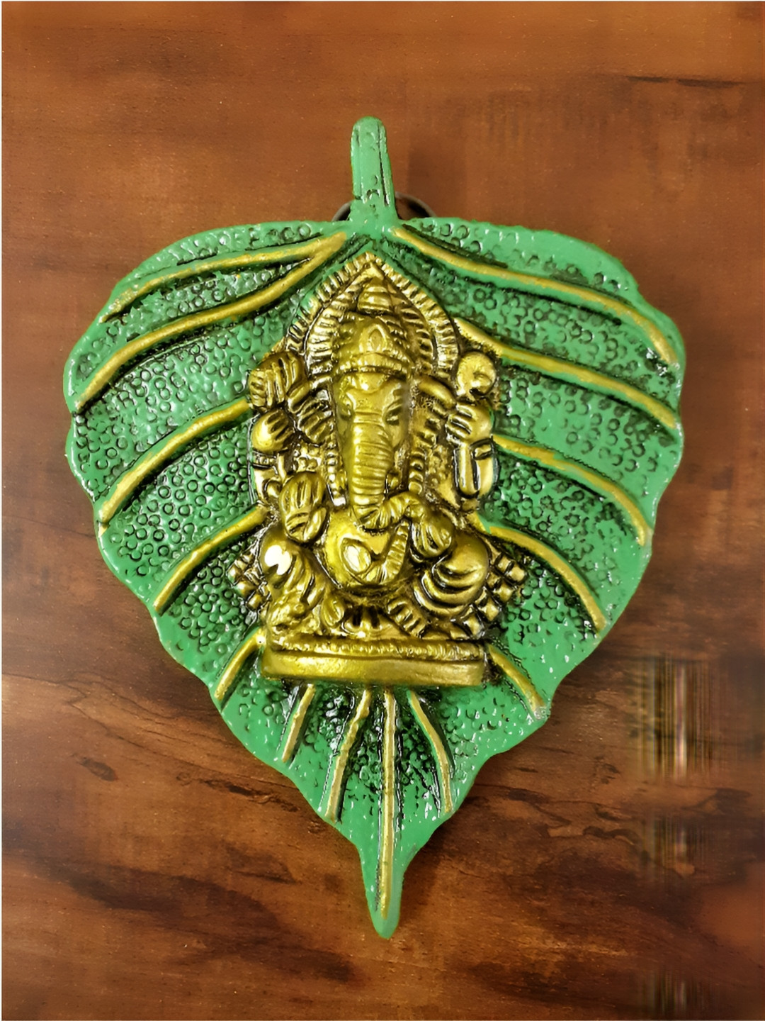 Afterstitch Ganesh on Leaf Green Polyresin Natural Prayer Room Tiny Showpiece - 5.1 Inches