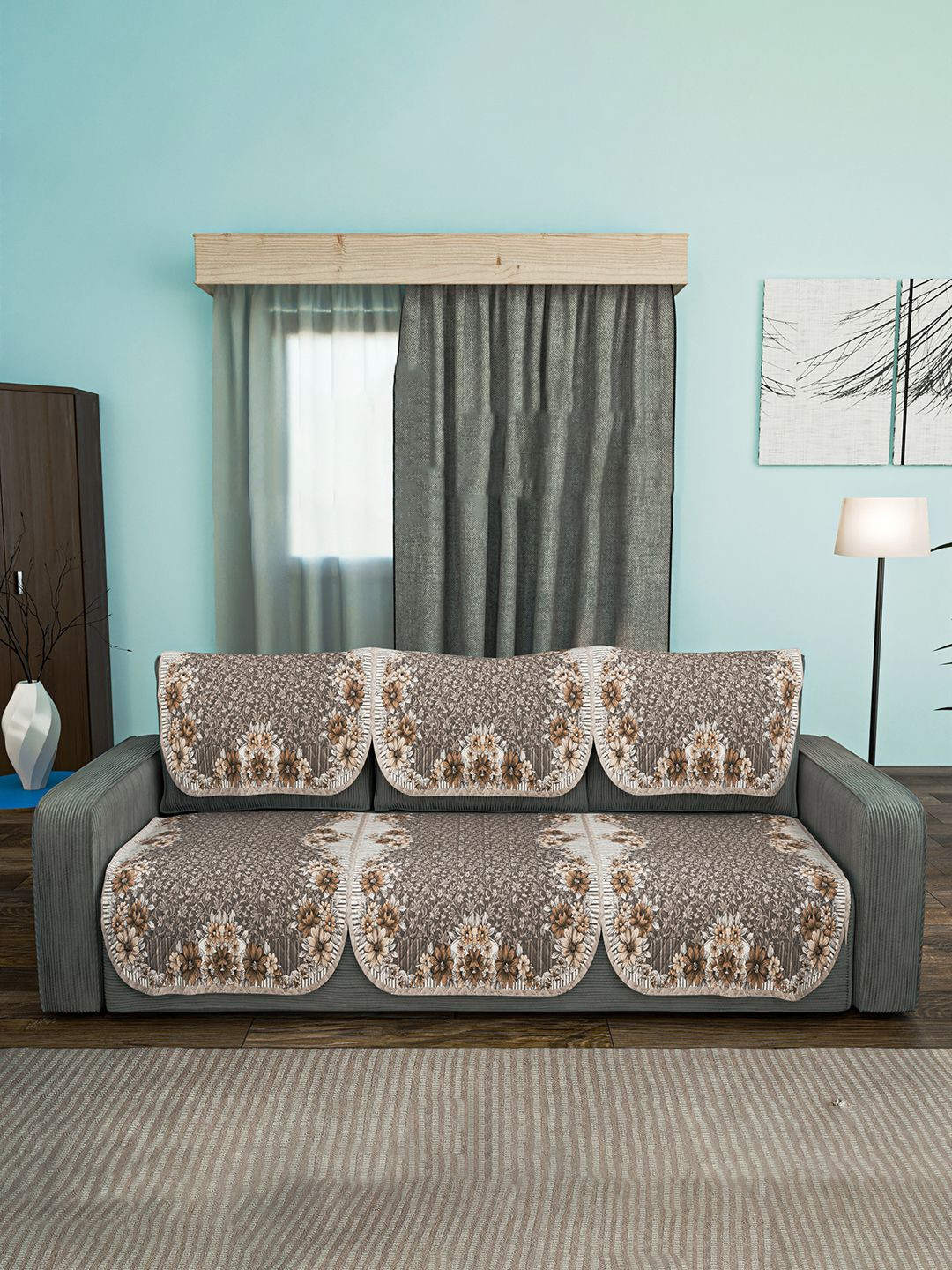 Kuber Industries Brown and Gold Toned 6 Pieces Quilted Flower Design 3 Seater Sofa Cover