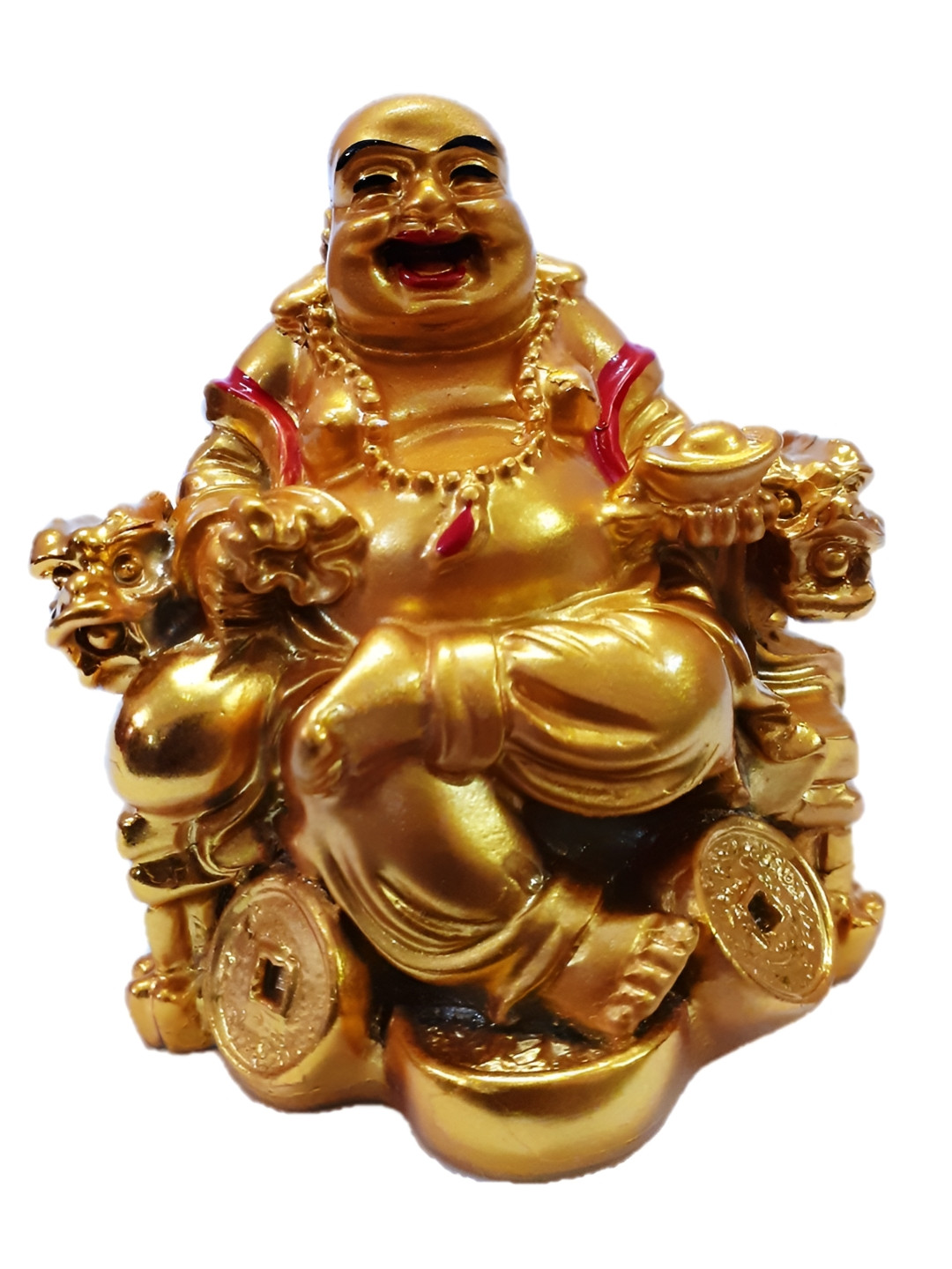 Afterstitch Laughing Buddha Sitting On Bundle Of Coins Gold Polyresin Glossy Living Room Small Showpiece -