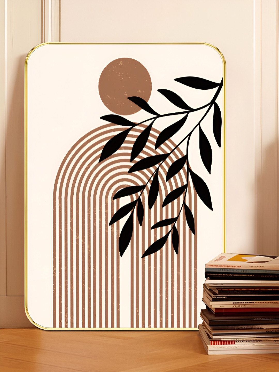 Myntra Elegant Homes Beige & Brown Wooden Geometric Arch & Leaf  Wall Art