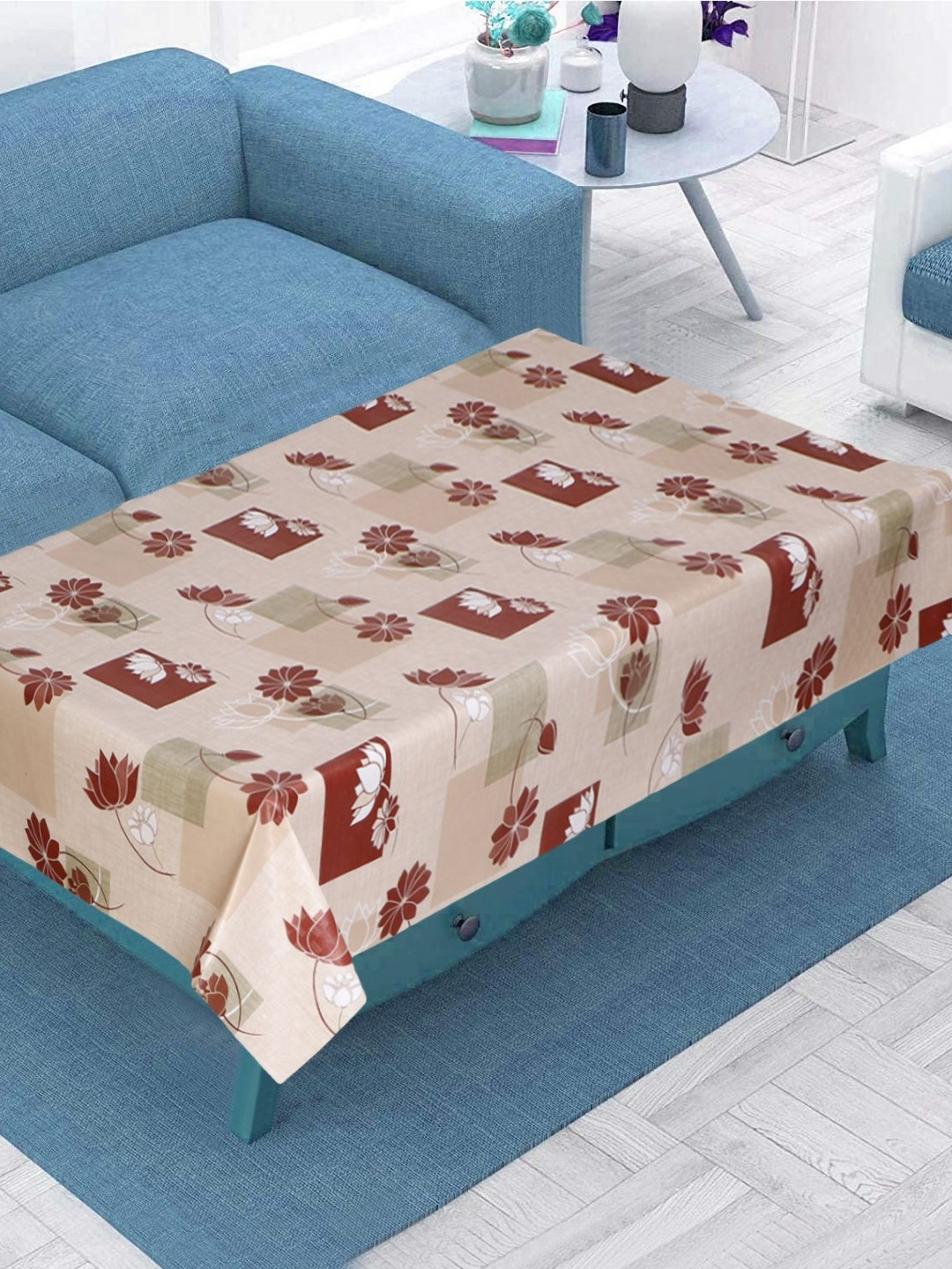 LooMantha Cream And Red Floral Printed Rectangle Waterproof Plastic 4-Seater Table Cover