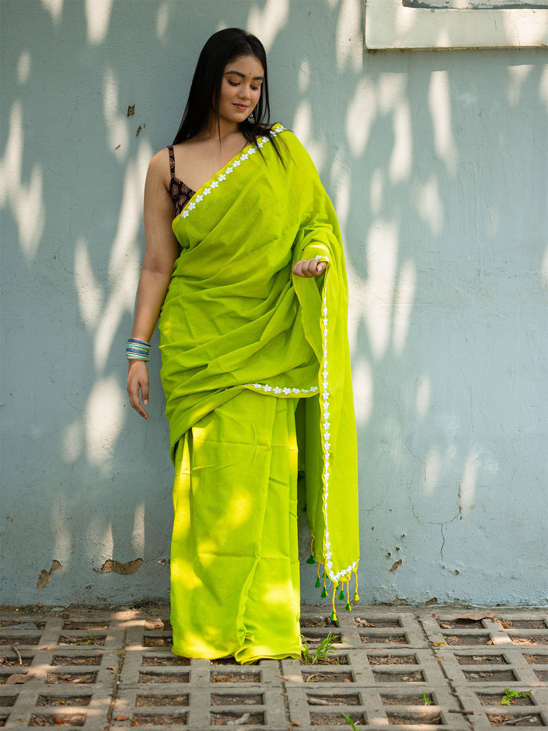 Uttariya Solid Embroidered Patchwork Pure Cotton Khadi Saree