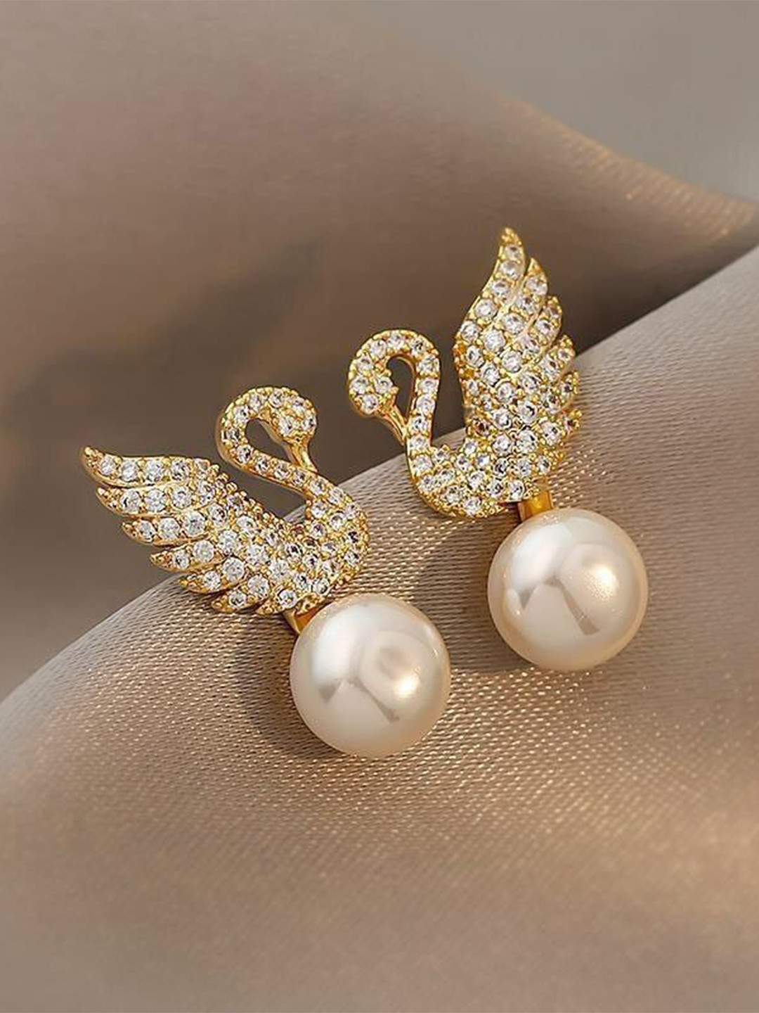 MEENAZ Gold Plated Artificial Stones Studded Chunky Swan Shaped Korean Drop Earrings