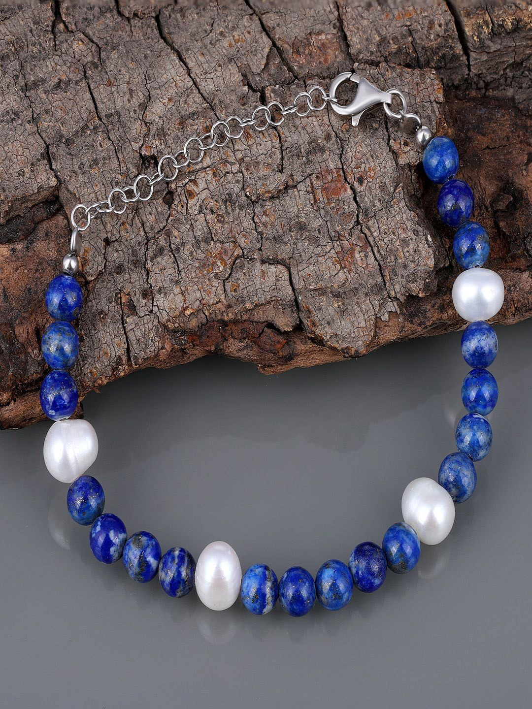 Nirvana Unisex Sterling Silver Lapis Lazuli Rhodium-Plated Link Bracelet