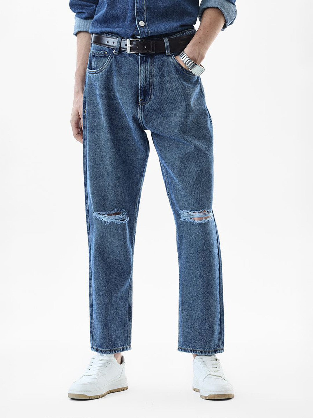 Snitch Men Baggy Fit Mid-Rise Low Distressed Ripped Heavy Fade Pure Cotton Jeans