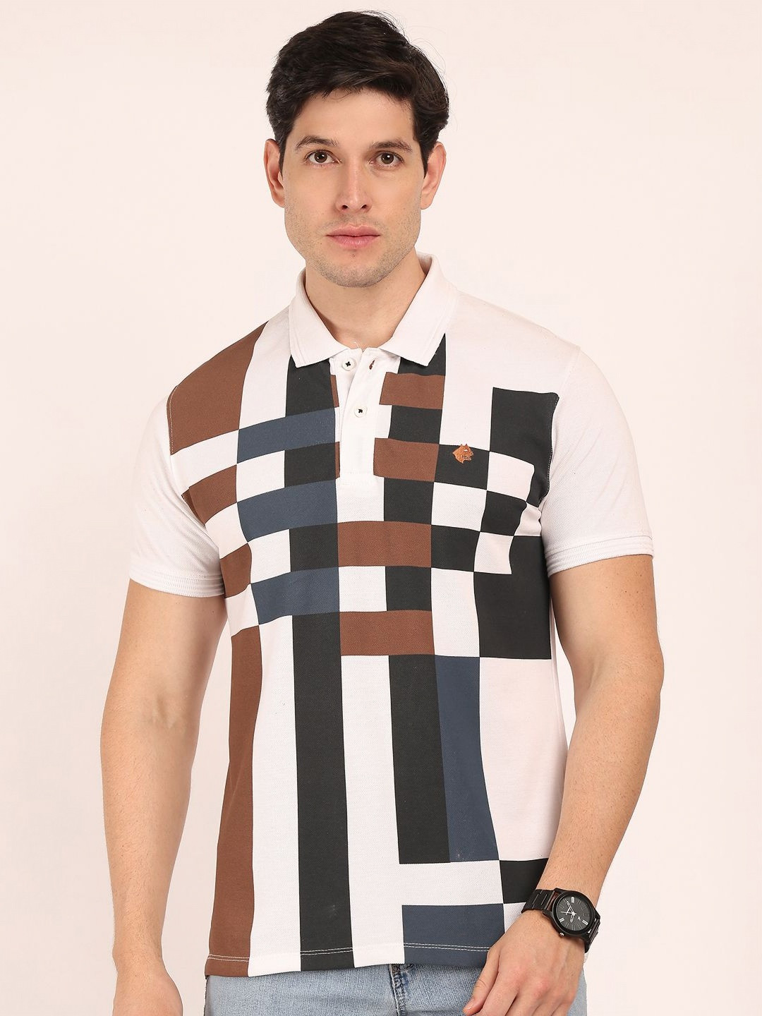 BUNCH OF BAD Checked Polo Collar Cotton T-shirt