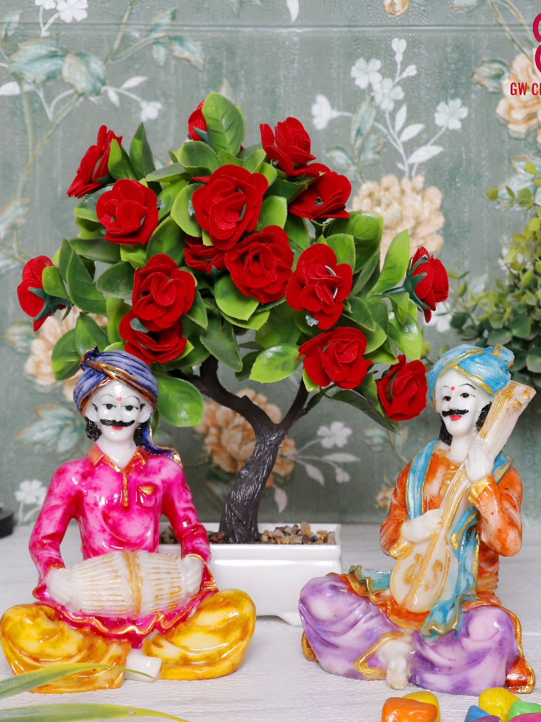 Aura Artificial Plant Red Polyresin Natural Living Room Set of 3 Small Showpieces - 10.2 Inches