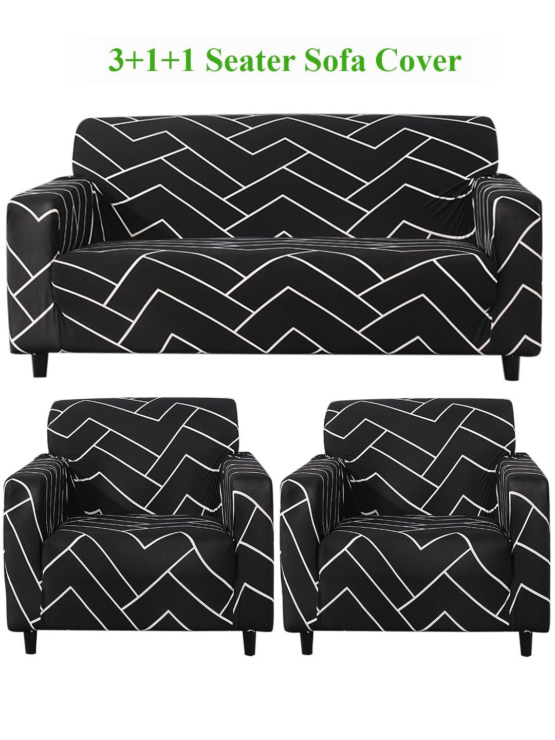 HOKIPO Black Chevron Print 5 Seater Fully Covered Stretchable Sofa Cover