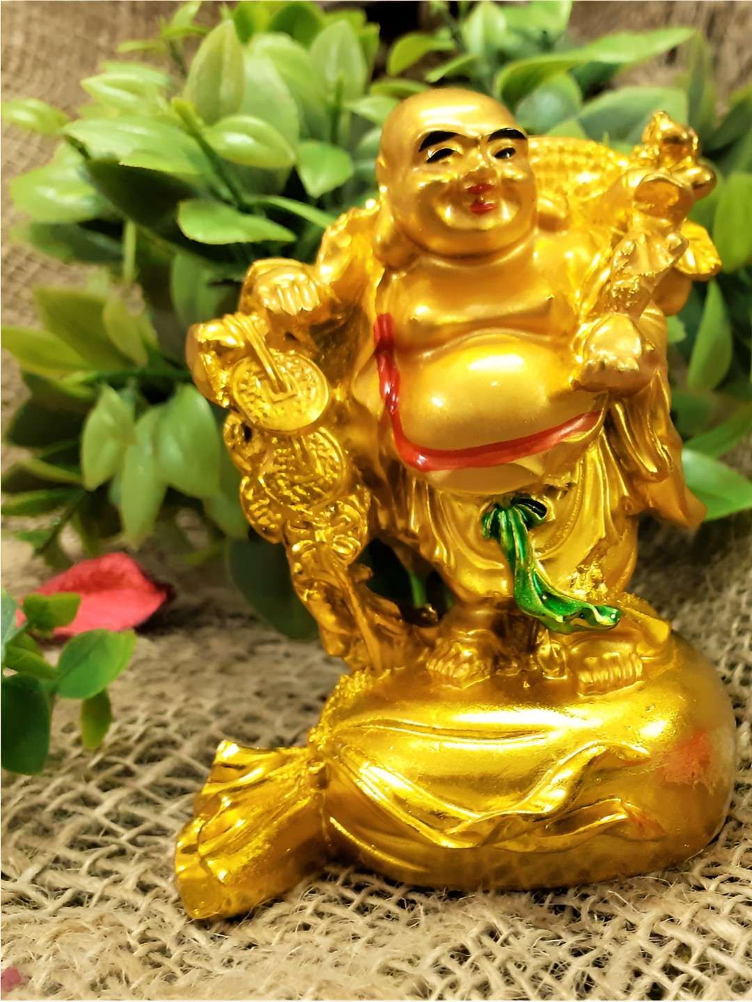Afterstitch Laughing Buddha Sitting On Money Bag Gold Polyresin Glossy Home Office Small Showpiece - 3.1 Inches