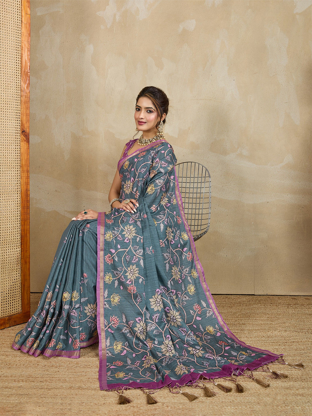 Ethnielle Floral Print Zari Silk Block Print Saree