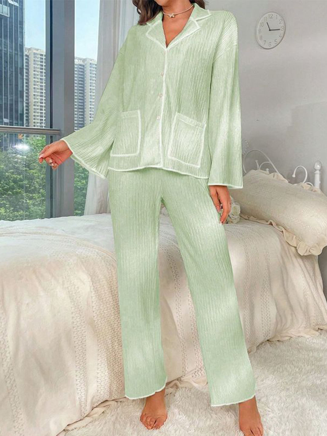 DressBerry Women Lapel Collar Long Sleeves Night suit