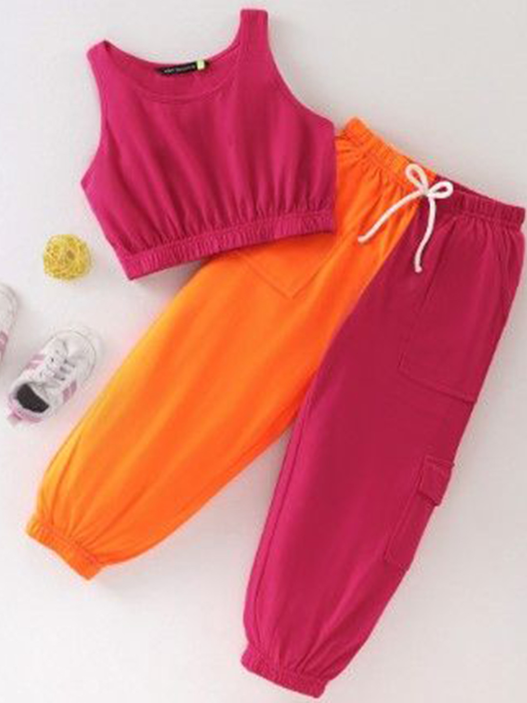 Tiara Girls Sleeveless Crop top with side pockets jogger Set