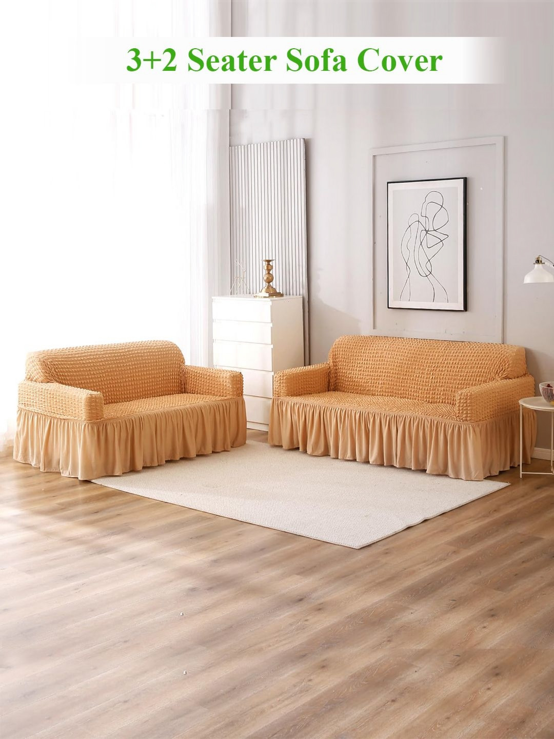 HOKIPO Solid Light Brown Elastic 5 Seater Fully Covered Stretchable Sofa Cover