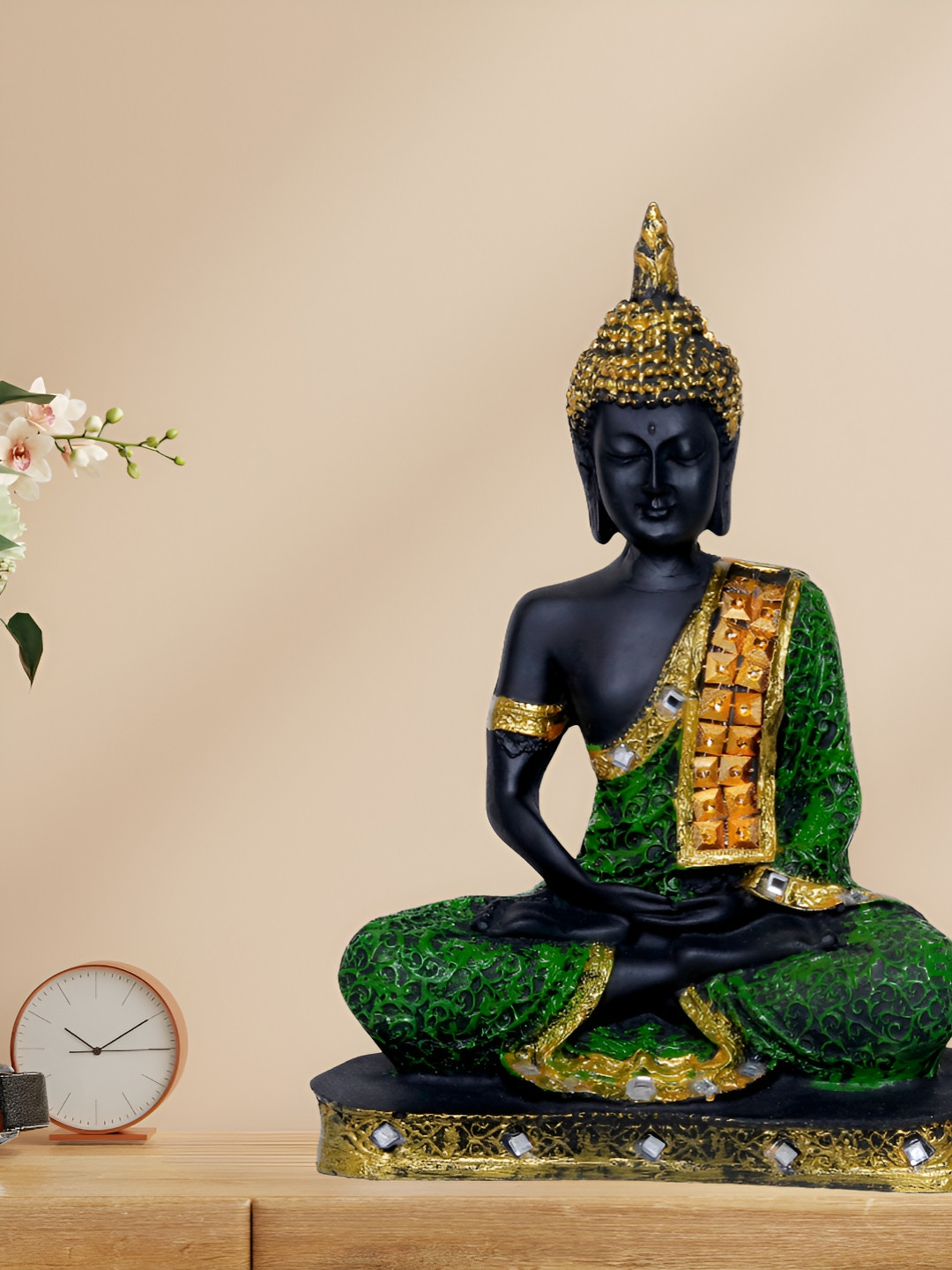 Aura Buddha Green Marble Natural Living Room Medium Showpiece - 9.4 Inches