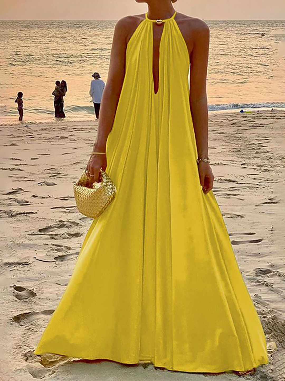 bebe Yellow Plunge Keyhole Halter Neck Trapeze Maxi Dress
