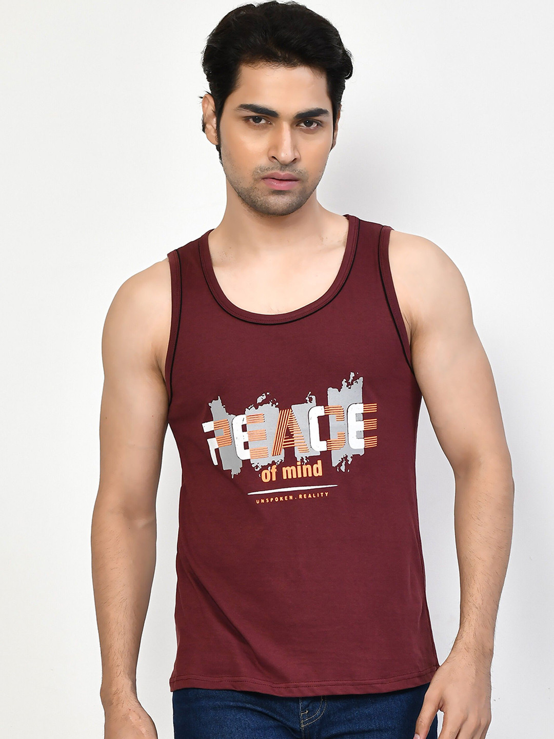 RAPL Printed Cotton Gym Vest Printed_Sando_Wine_S