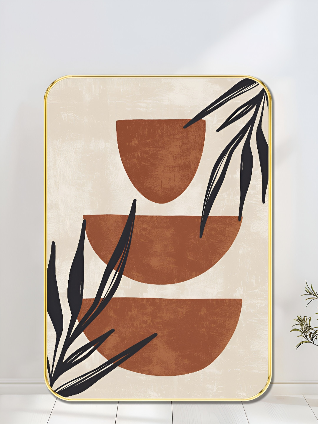 Myntra Elegant Homes Beige & Brown Terracotta Bowl Stack Wooden Painting Wall Art