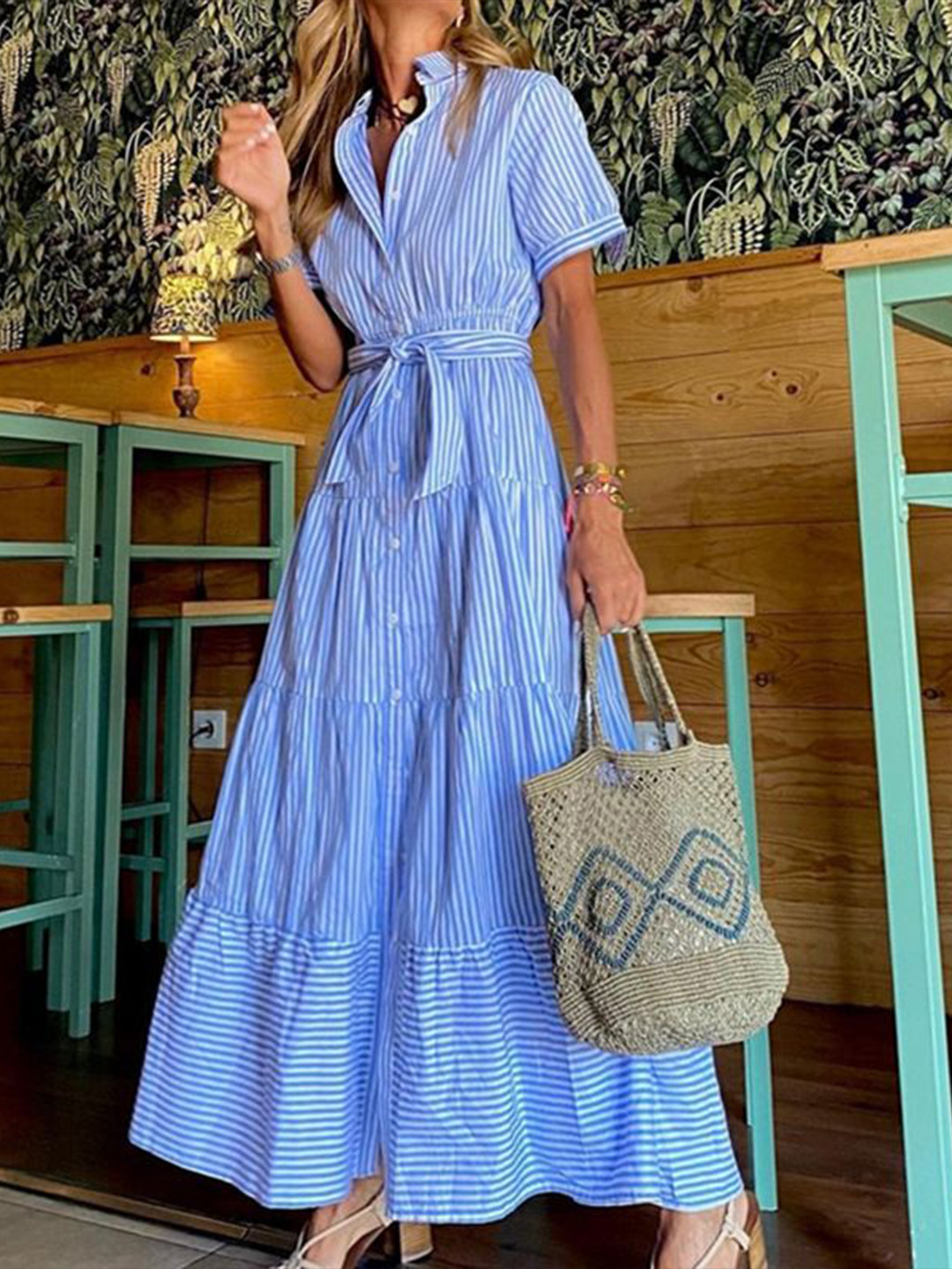 bebe Blue Striped Collared Button up Self-Tie Tiered Maxi Dress