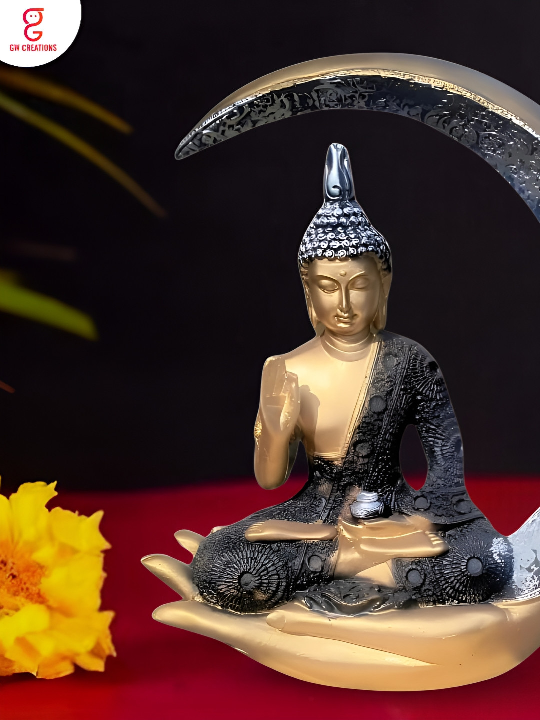 Aura Chand Buddha Black Polyresin Glossy Prayer Room Medium Showpiece - 10.2 Inches