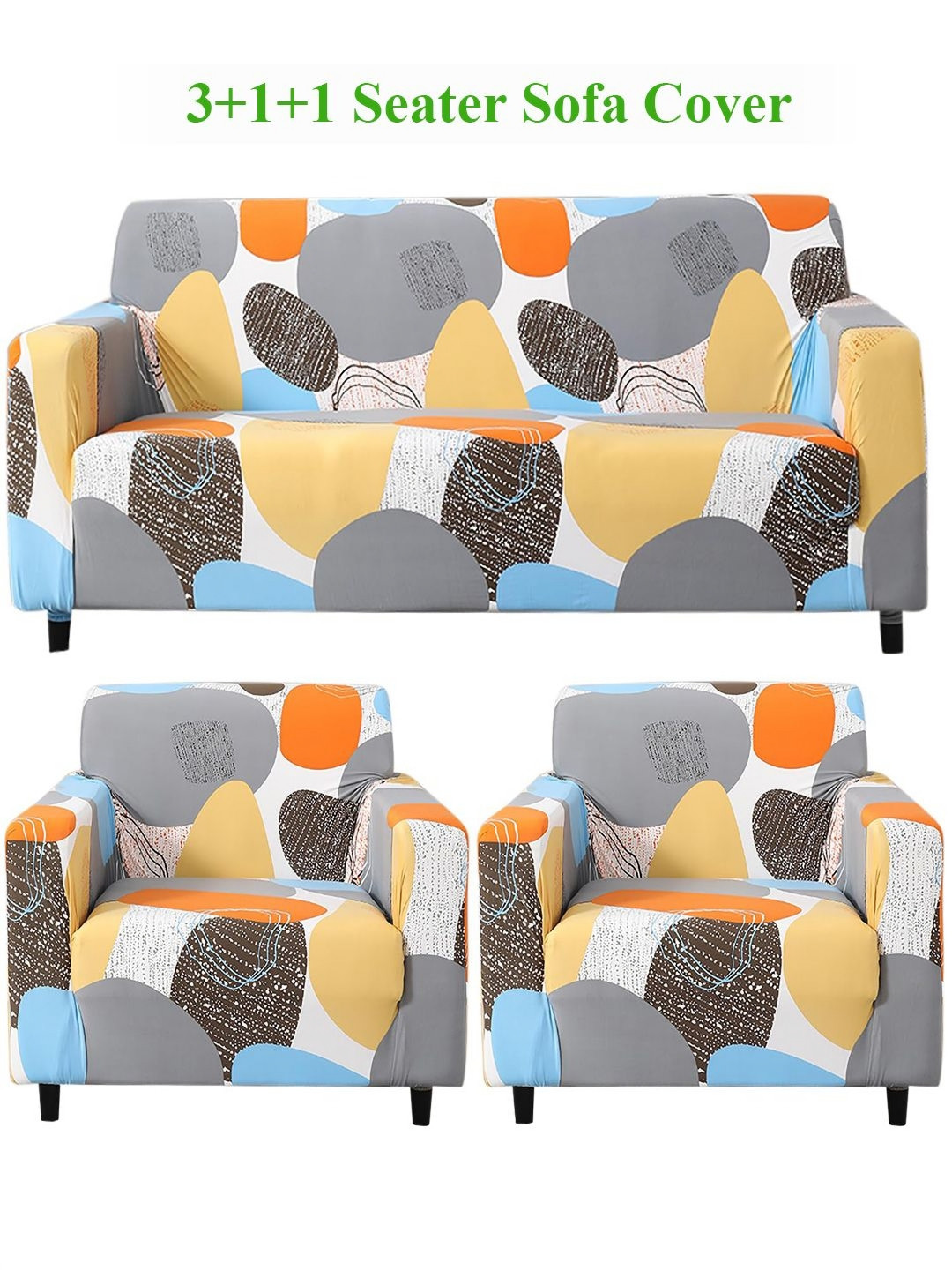 HOKIPO Multicolor Pebbles Print 5 Seater Fully Covered Stretchable Sofa Cover
