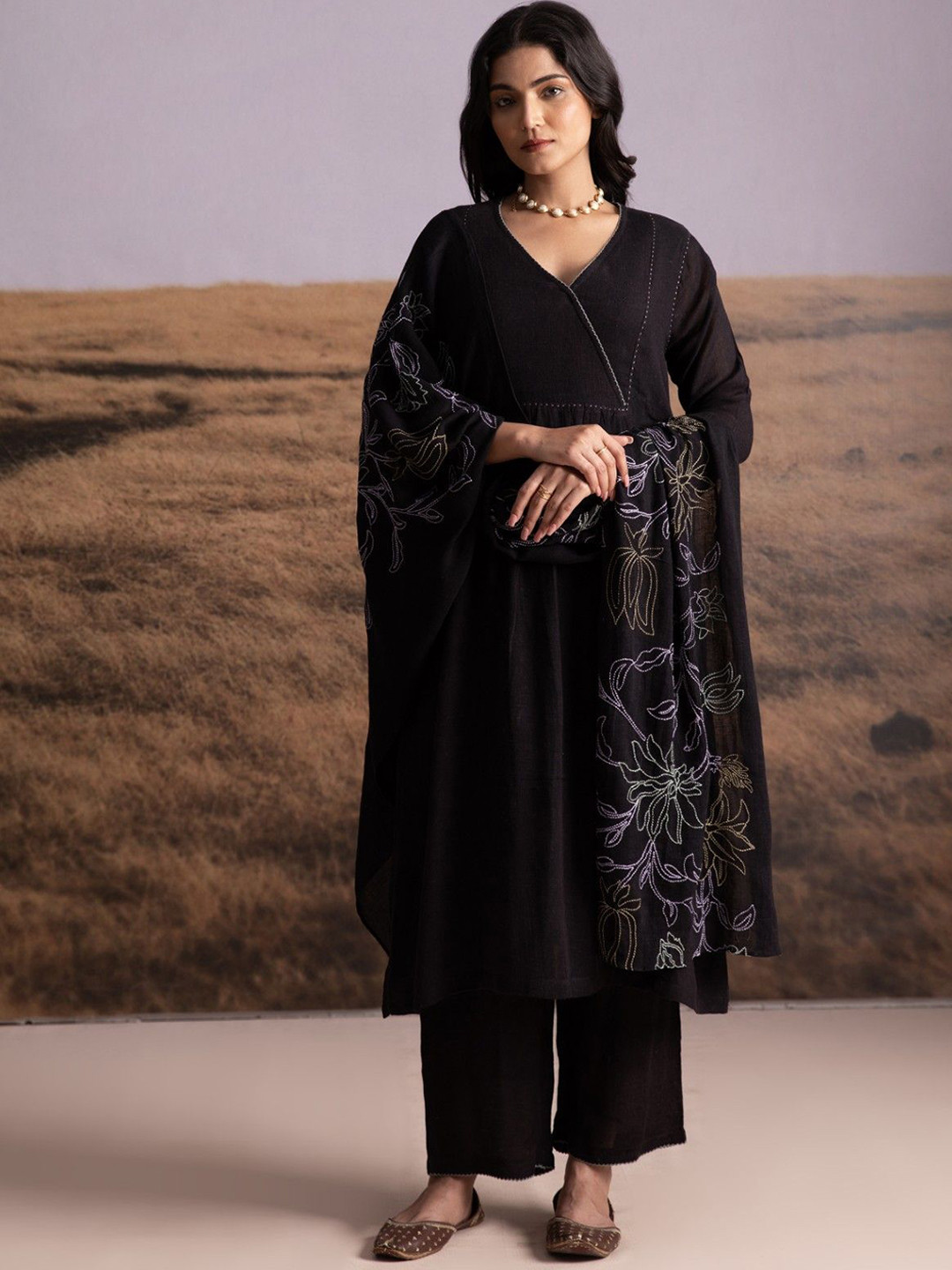 Bombay Bloom V-Neck Angrakha Linen A-Line Kurta With Trousers & Dupatta