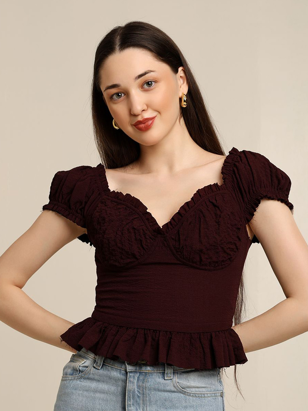 7OUNCE Cold-Shoulder Smocked Peplum Top