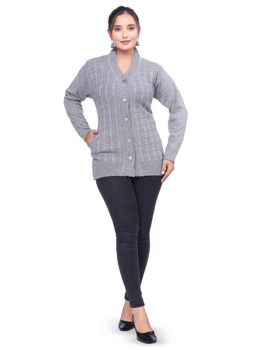 WOOL 4U Women Striped Print V-Neck Cardigan Sweaters