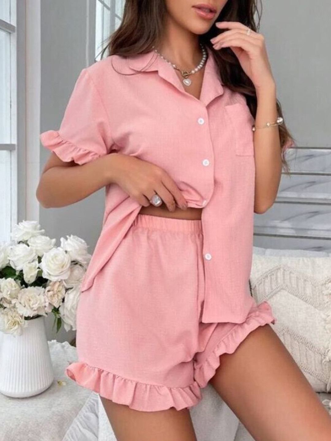 DressBerry Women Lapel Collar Slip-On Night suits