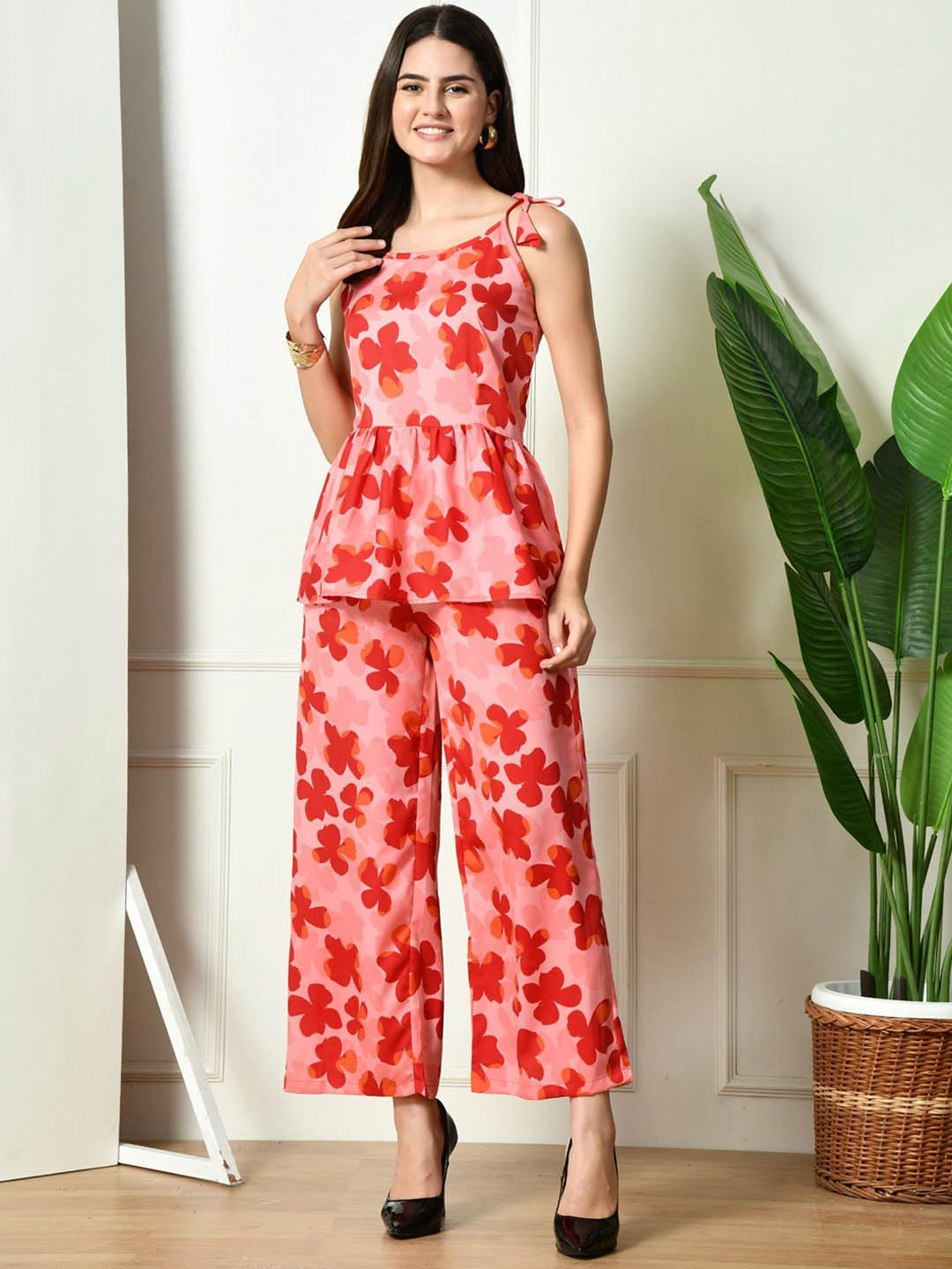 FLYING FEST Floral Printed Top With Trousers Co-Ords