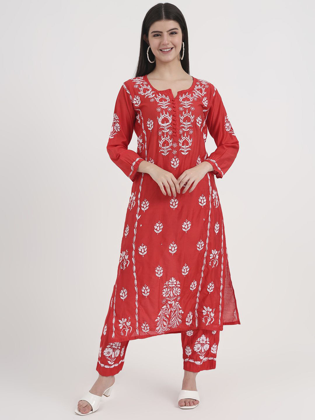 The Chikan Label Women Red Aasia Chanderi Chikankari Kurti Palazzo Set