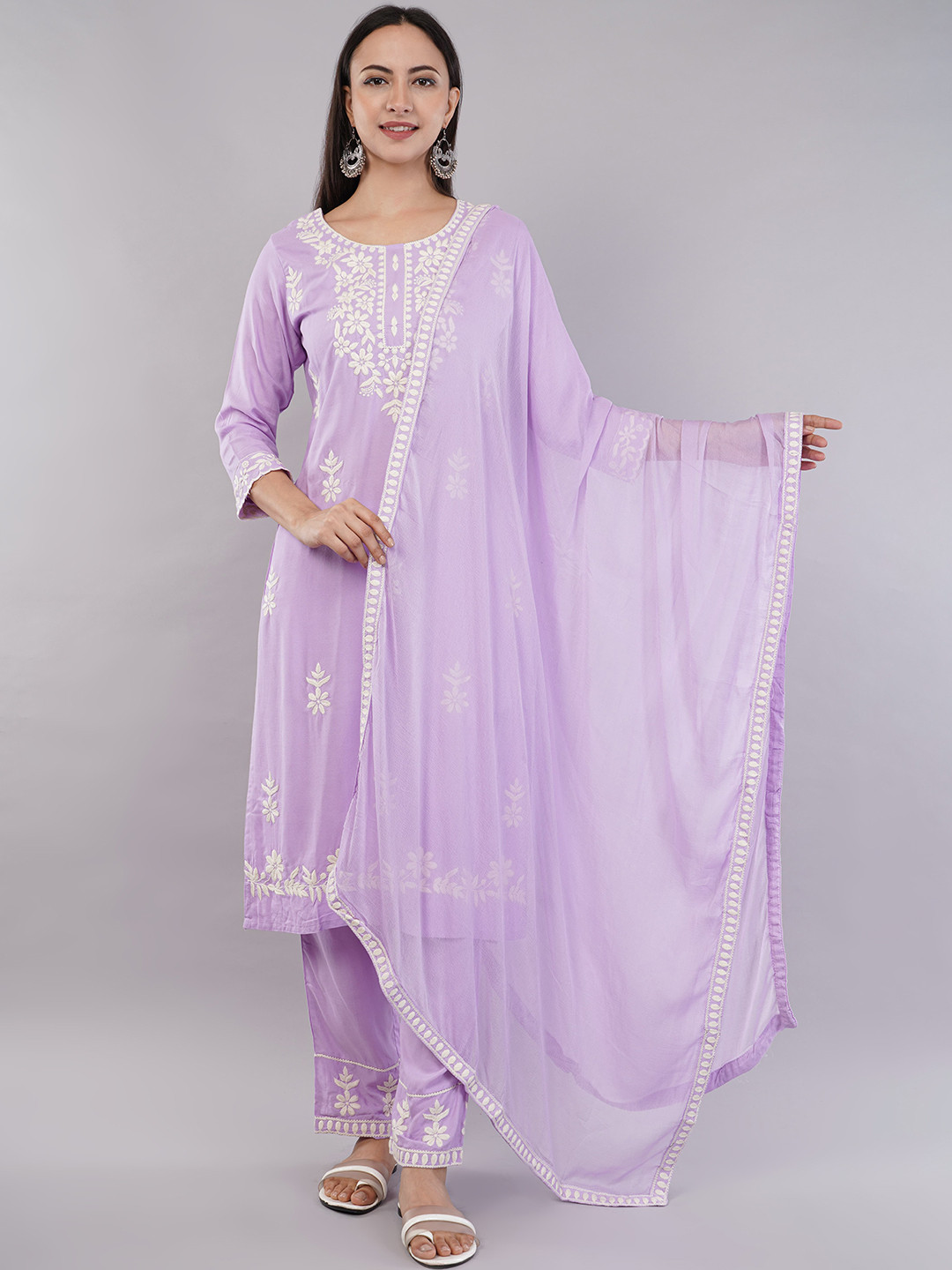 JIDI FASHION Floral Embroidered Thread Work Straight Kurta With Harem Pants And Dupatta