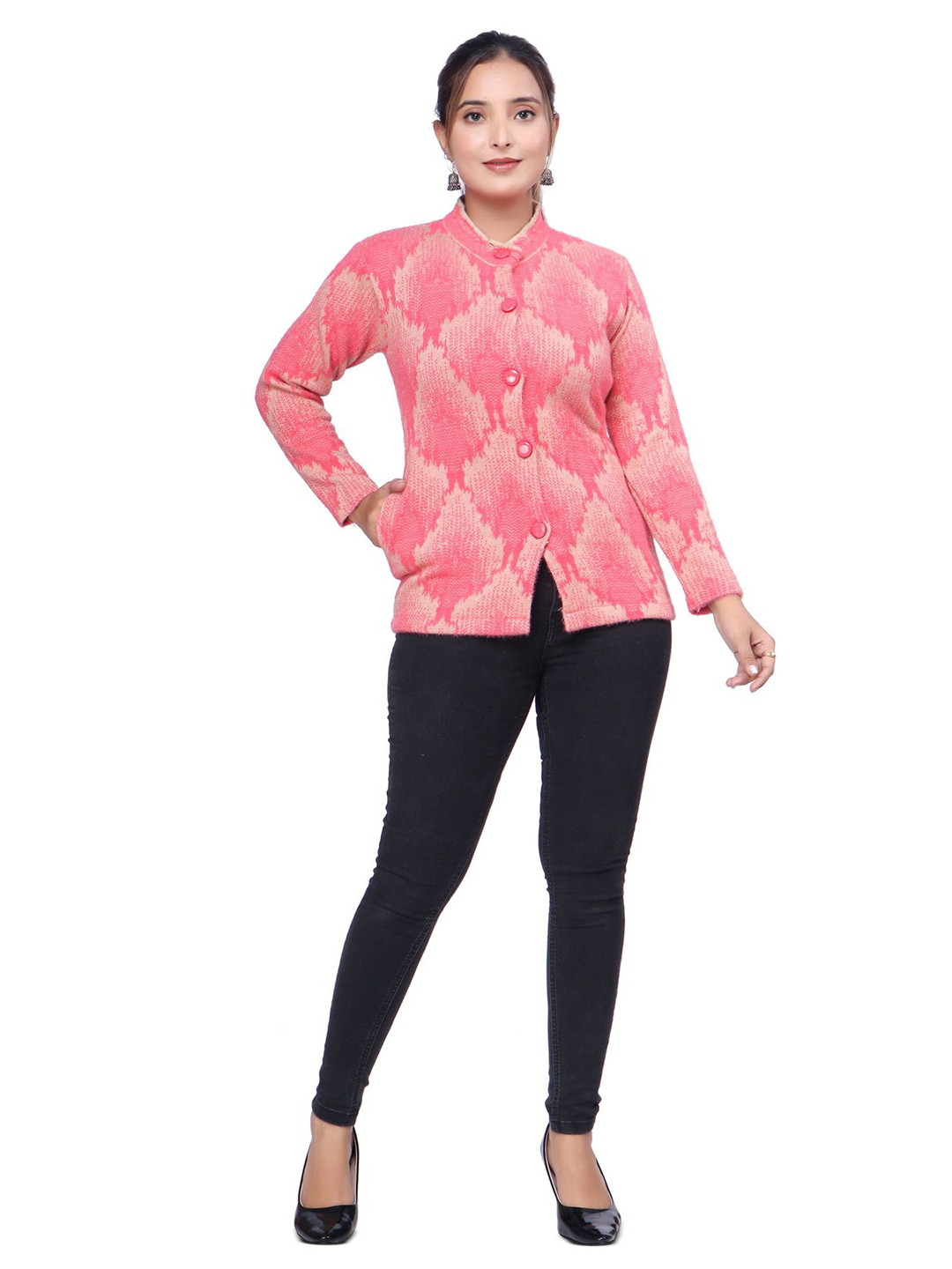 WOOL 4U Women Self Design Printed Woollen Cardigan