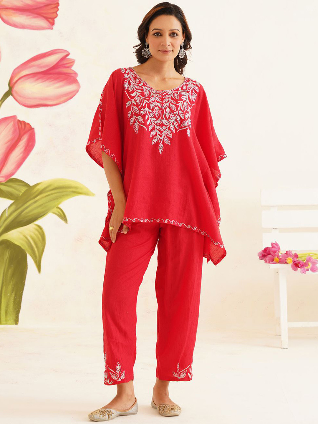 Kashmir Box Kashmiri Zari Embroidery Red Cotton Kaftan Co-Ord Set