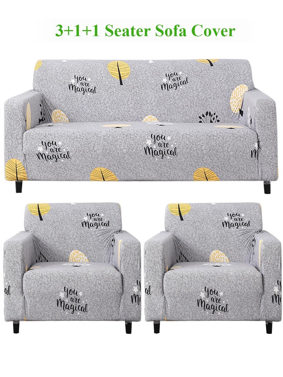 HOKIPO Grey Trees Print 5 Seater Fully Covered Stretchable Sofa Cover