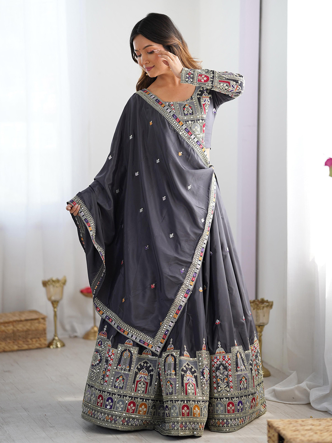 Pink Women Ethnic Embroidered Semi-Stitched Lehenga & Unstitched Blouse With Dupatta