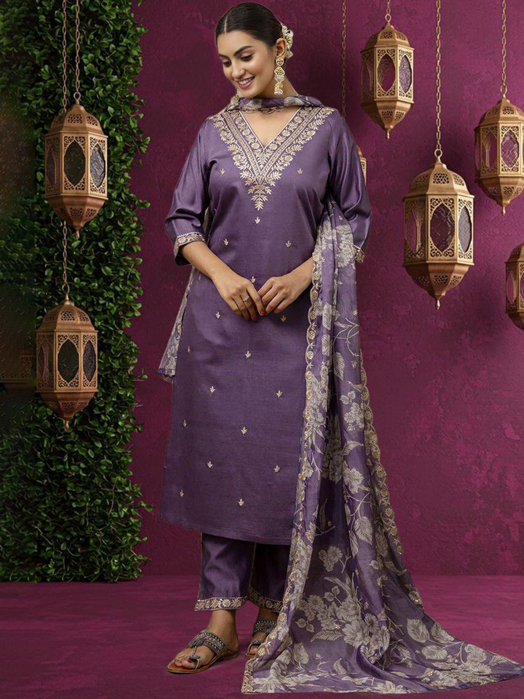Ensemble Kurta Indien Pour Femme - Tunique Imprimée Avec Pantalon Et Dupatta (foulard) - Tissu Maslin, Coupe Ample