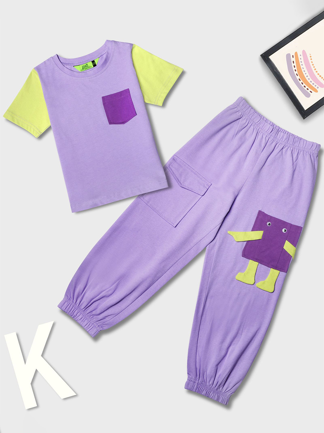 Tiara Cotton Jersey Top With Applique Moving Eyes Swinging Legs on Pocket Jogger Set