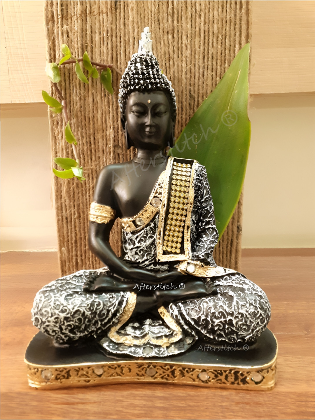Afterstitch Gautam Buddha Black Polyresin Glossy Living Room Medium Showpiece - 8.7 Inches