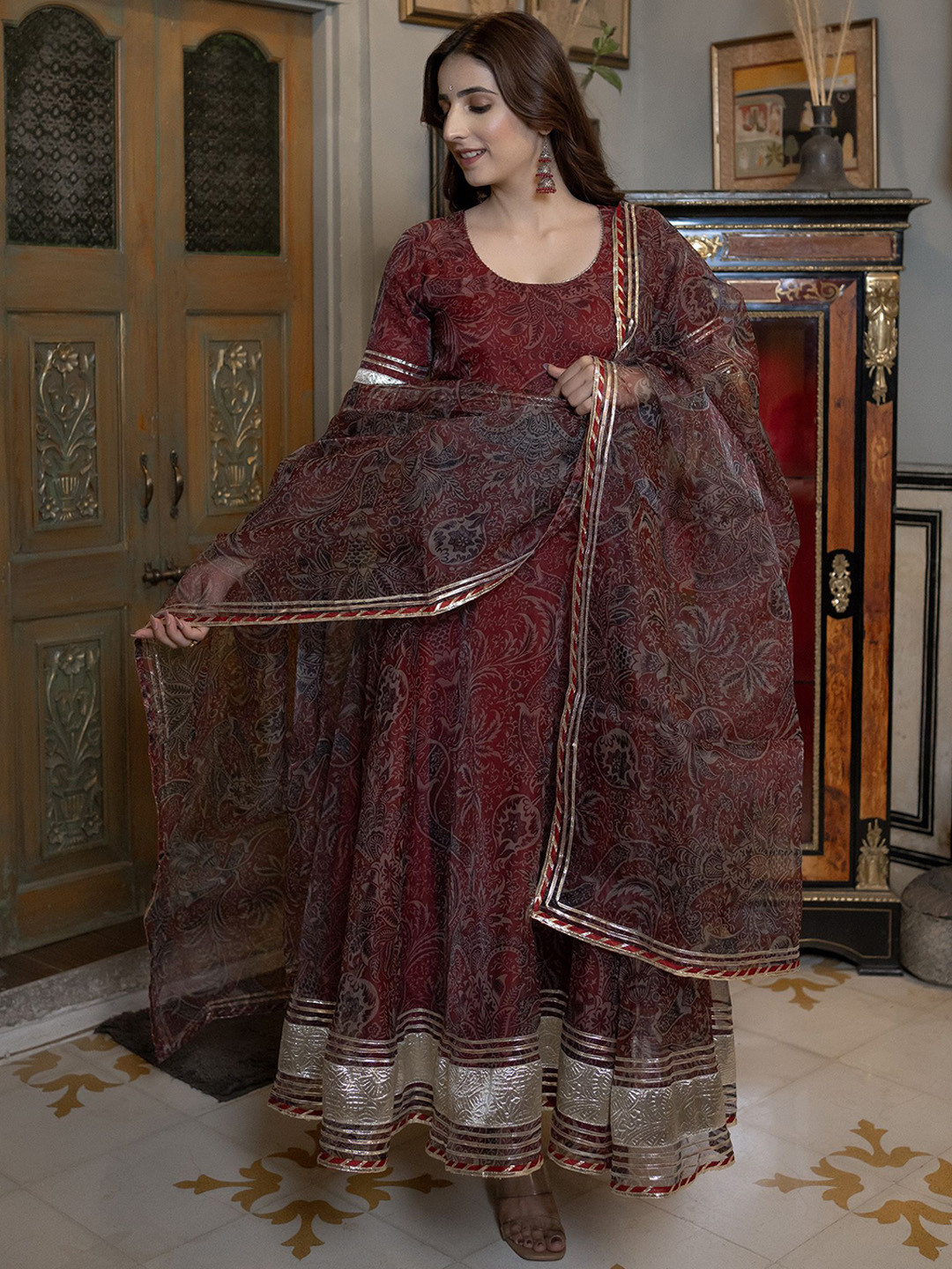 SAJILO Women Floral Printed Angrakha Anarkali Kurta with Trousers & With Dupatta